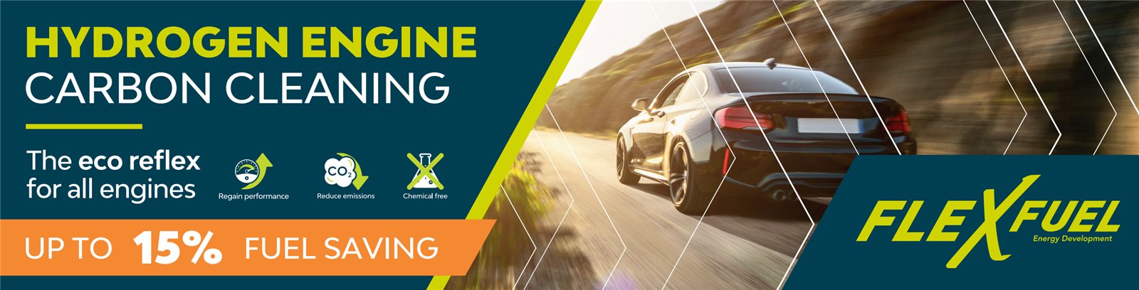 FlexFuel — Hydrogen Engine Carbon Cleaning: the eco reflex for all engines. Regain performance, reduce emissions, chemical free. Up to 15% fuel saving.